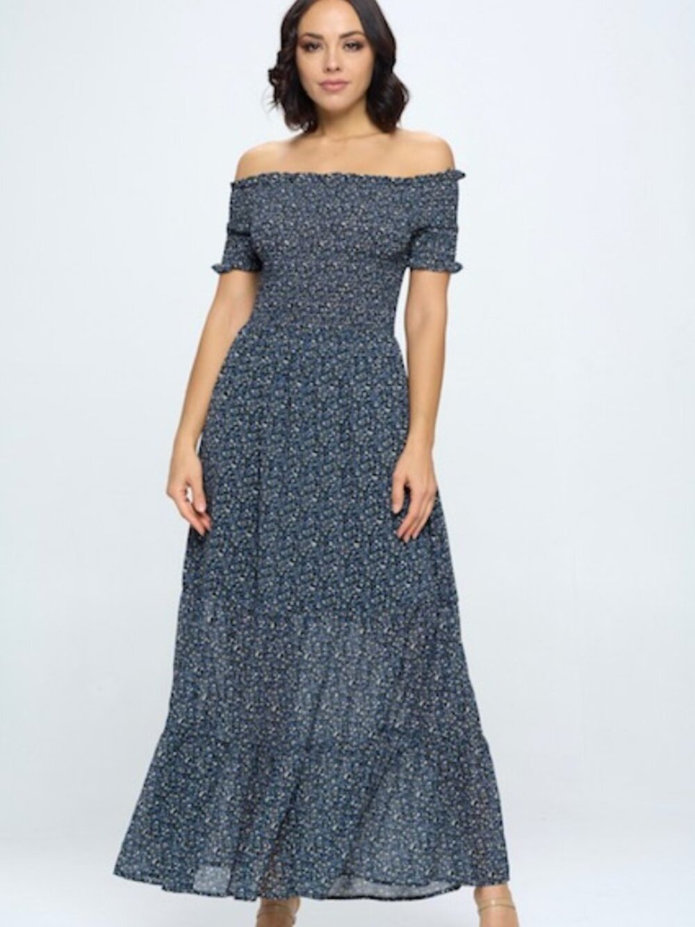 D18-Floral Smocked Off Shoulder Dress